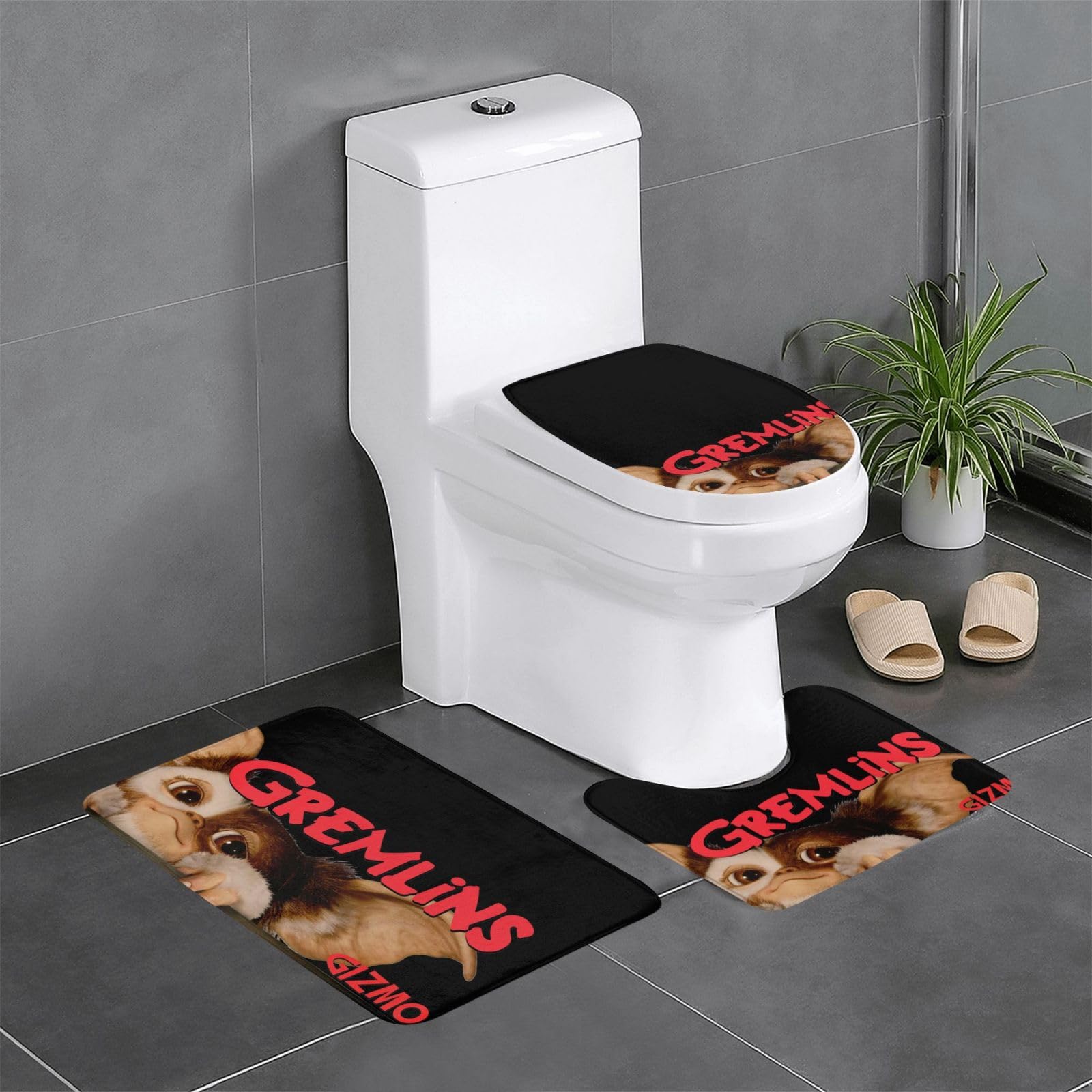 トイレ用吸水滑り止めマットぬいぐるみ便座3点セット Amazon｜トイレマット 3点セット グレムリン ギズモ バスルームマット